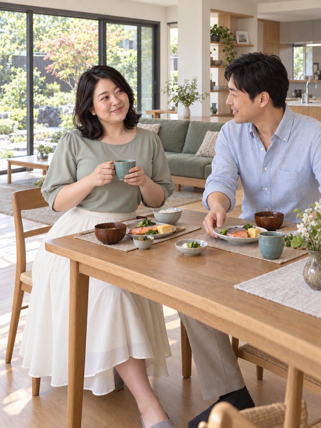 参照写真と同じ架空の女性が、庭のある家でパートナーと朝食を楽しむ制作例