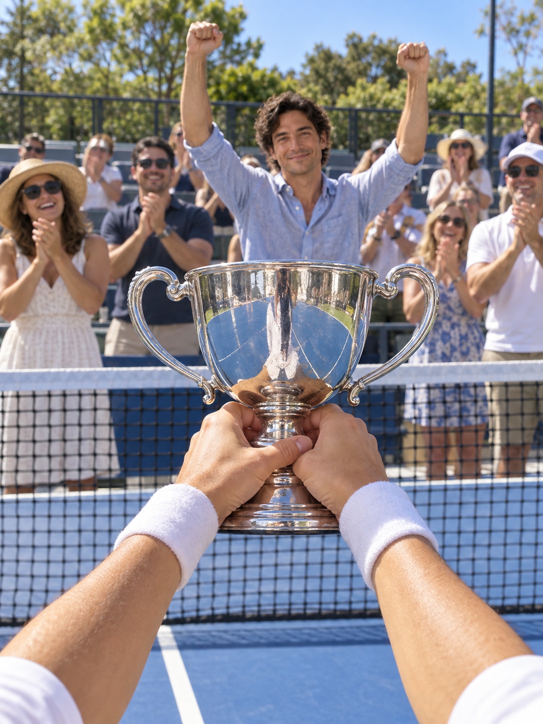 テニスコートで優勝カップを手にし、パートナーと観客の祝福を受ける完成例