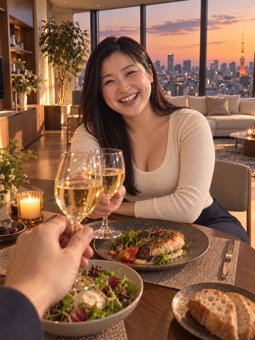 夕暮れの同じ自宅で、笑顔のパートナーと乾杯する一人称の架空例