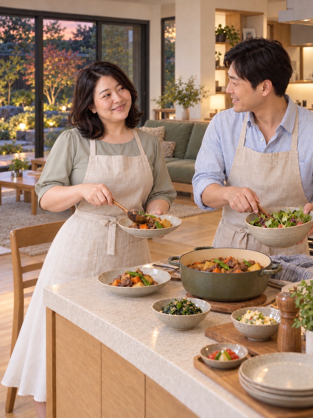 同じ自宅のキッチンで、女性とパートナーが笑い合いながら夕食を作る架空例
