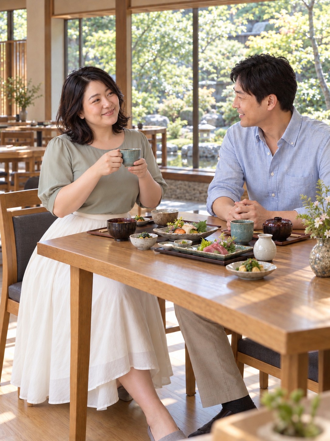 緑を望む店で、同じ女性とパートナーがゆっくり昼食を楽しむ架空例