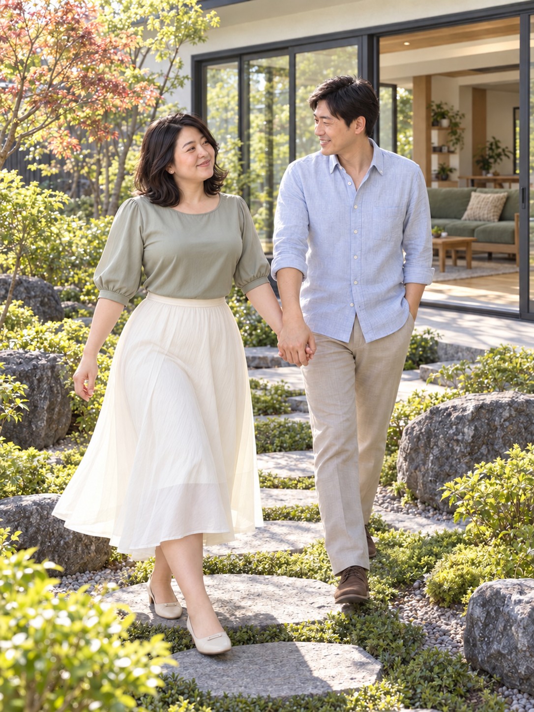 望んだ庭のある家で、同じ女性とパートナーが手をつないで歩く架空例